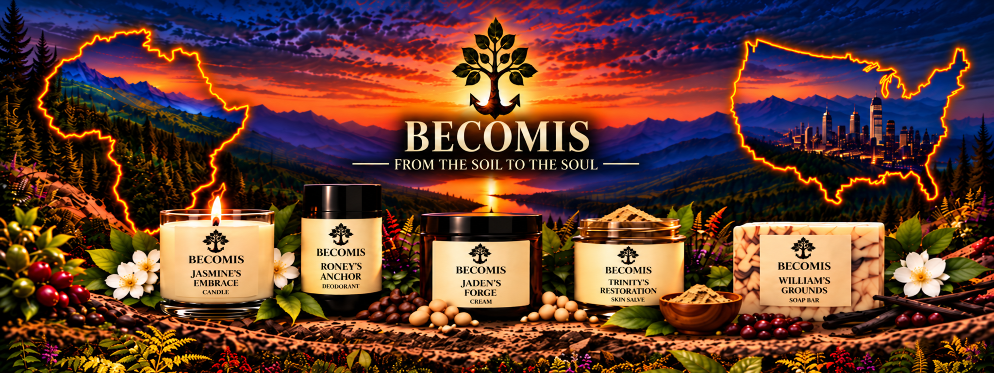 Becomis — From the Soil to the Soul. A sunset joins Africa and the United States above the Becomis collection.